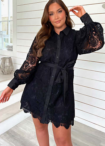 Jac Jossa Black Lace Belted Shirt Dress | Freemans