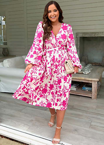 Jac Jossa Pink Floral Print Long Sleeve Pleated Midi Dress | Freemans