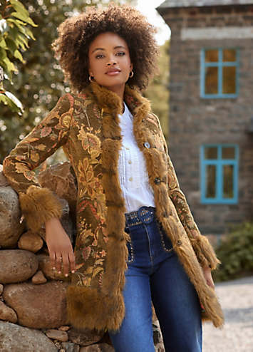 Joe Browns Gold Floral Jacquard Faux Fur Trim Boho Coat | Freemans