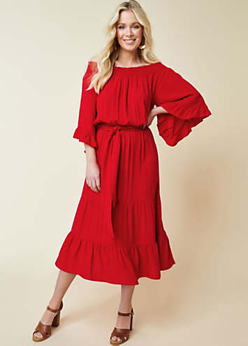 knee length dresses for ladies CurveWow Tiered Bardot Maxi Dress Rust Animal  Curvewow