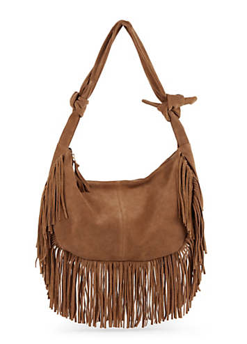 Kaleidoscope Tan Fringe Trim Suede Hobo Bag | Freemans