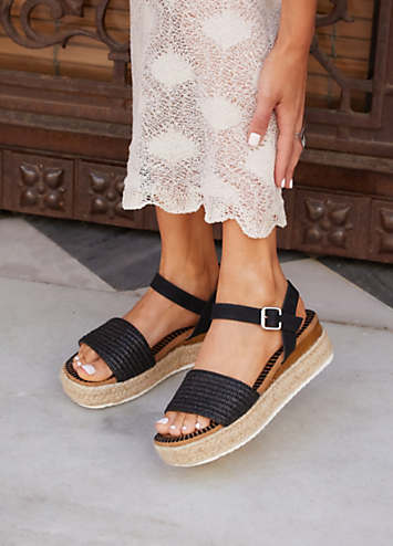Linzi Panama Black Raffia Two-Part Espadrille Inspired Flatform Sandals |  Freemans
