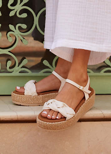 Linzi Twist Nude Faux Nubuck Plaited Front Strap Raffia Flatform