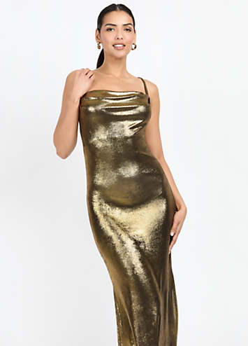 slim fit dress slacks Gold Satin Cowl Neck Midi Dress by Chloe Lewis