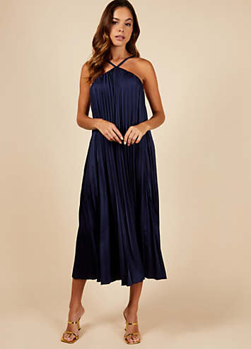 Little Mistress Navy Satin Pleated Midaxi Dress | Freemans