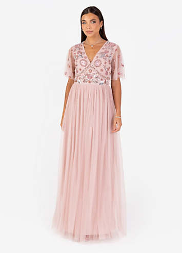 Maya Deluxe Women's Maxi Dress, Long Length, Wedding Guest, Bridesmaid, Prom, Summer Evening Dress, V-Neck Straps, Bow Tie, Frosted Pink, 38