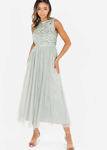 maya cap sleeve midaxi dress with applique delicate sequins in taupe blush