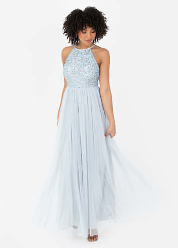 Maya Deluxe Abito Lungo Maxi Donna Verde Giglio Con Paillettes, Scollo All'Americana, Gonna In Tulle, Vestito Da Damigella D'Onore Per Matrimonio E Festa