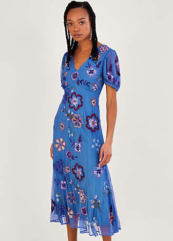 Monsoon Annie Embroidered Midi Dress in Recycled Polyester | Freemans