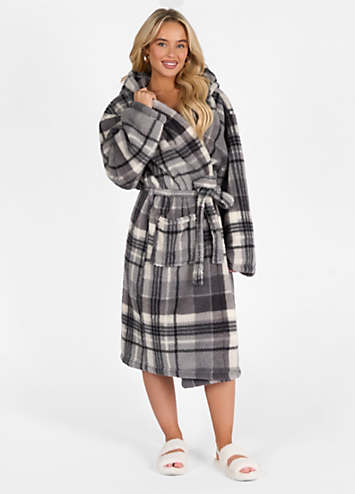 OHS Teddy Dressing Gown - Tartan Check Plush Soft Womens Hooded Cosy  Loungewear Robe | Freemans