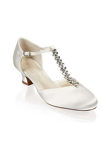 Paradox London 'Alva' Ivory Satin Crystal T-Bar Low Heel Court Shoes |  Freemans