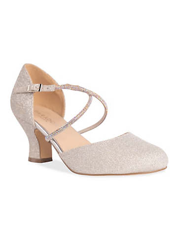 Paradox London Regina Silver Glitter Low Heel Cross Strap Court