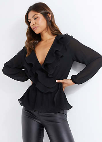 Quiz Black Chiffon Frill Front Long Sleeve Peplum Top | Freemans