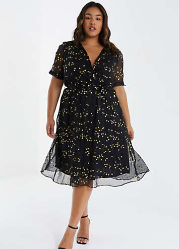 Quiz Black Gold Metallic Floral Chiffon Wrap Midi Dress | Freemans