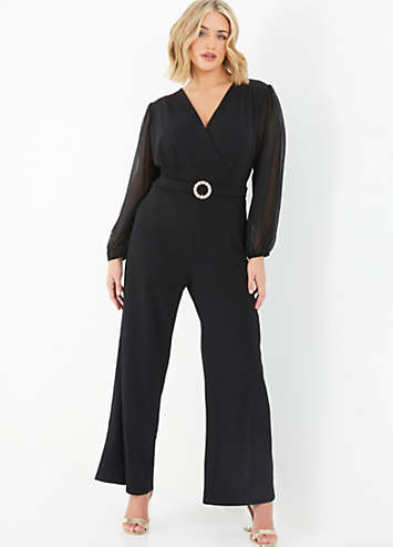 Quiz Black Scuba Crepe Jumpsuit with Chiffon Sleeve & Embellished Belt ...