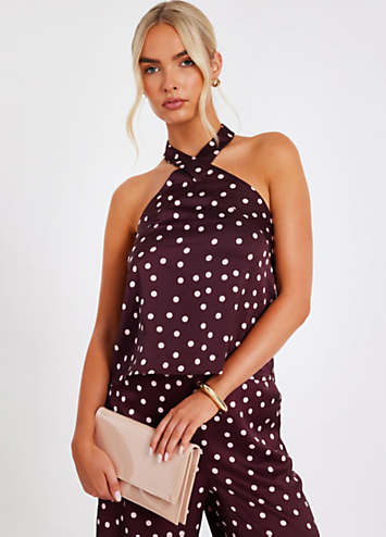Quiz Brown Satin Polka Dot Halter Top Freemans