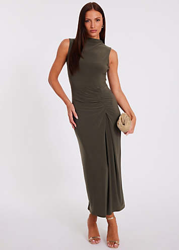 Quiz Khaki High-Neck Ruched Detail Bodycon Midaxi Dress