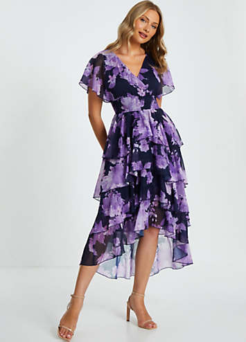 Quiz Navy Chiffon Wrap Floral Tiered Midi Dress | Freemans