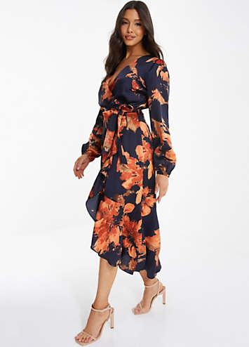 Quiz Navy/Orange Satin Floral Wrap Frill Midi Dress | Freemans