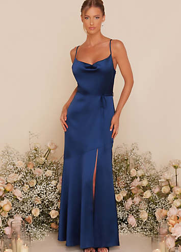 Quiz Navy Satin Maxi Dress with Tie Waist & Slit | Freemans