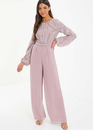 Quiz Pink Embellished Jumpsuit with Long Sleeve Palazzo Trousers Freemans