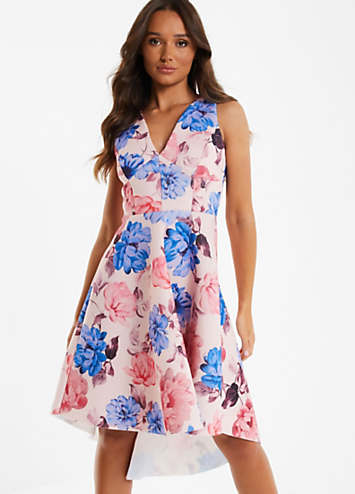 Quiz Scuba Floral V-Neck Dip Hem Dress | Freemans