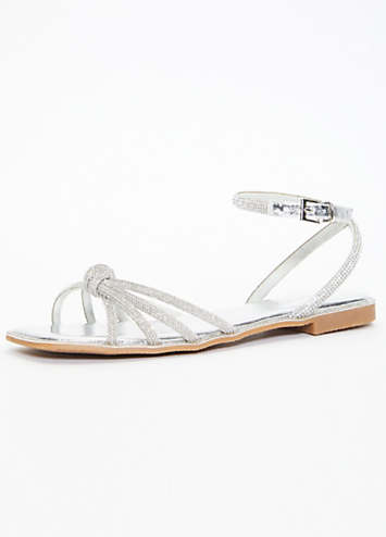 Quiz Silver Diamante Knot Strap Flat Sandals | Freemans