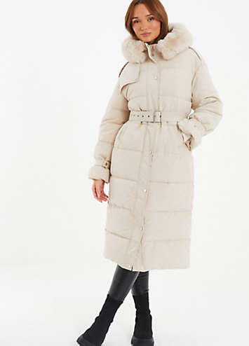 Belted coat with on sale faux fur trim hood