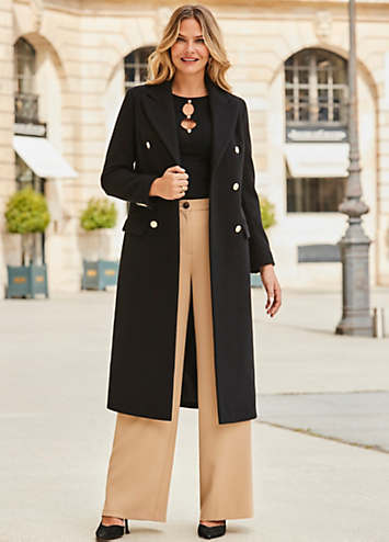 Sosandar Black Double Breasted Longline Coat | Freemans