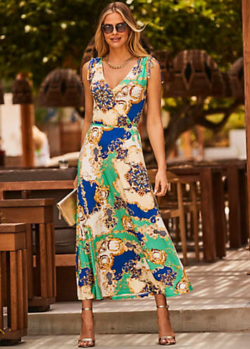 Sosandar Green Multi Print Tie Shoulder Maxi Jersey Dress | Freemans