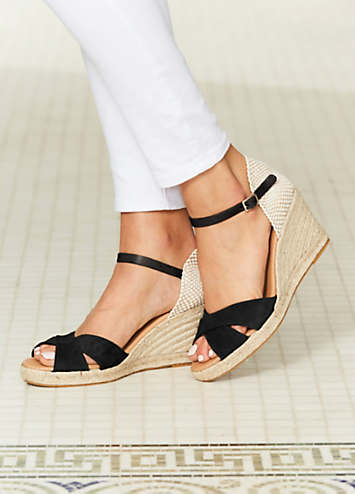 Sosandar Piper Black Suede Ankle Strap Mid Wedge Espadrille