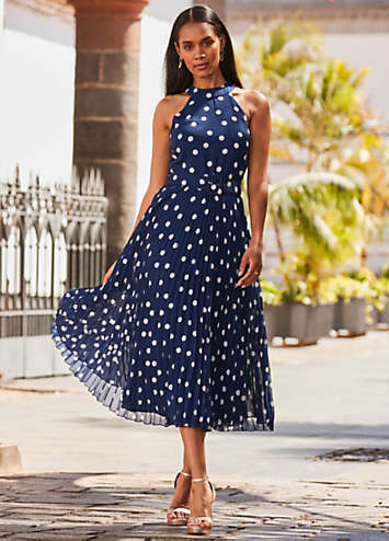 Sosandar Spot Print Pleated Halter Neck Dress Freemans
