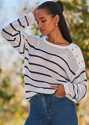 Sosandar White & Navy Blue Stripe Crochet Jumper