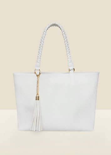 Sosandar White Textured Tassel Detail Braided Strap Tote Bag