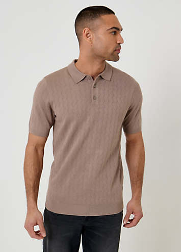 Threadbare Taupe Zig Zag Stitch Knitted Polo Shirt | Freemans