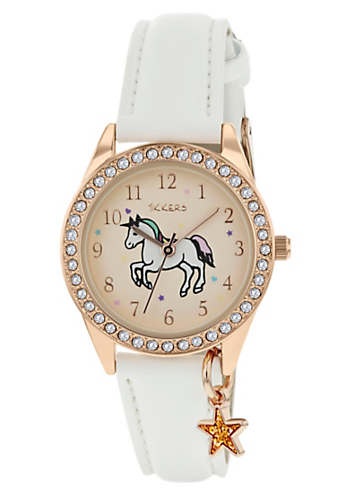 Tikkers Girls White PU Strap Stone Set Case Watch Freemans