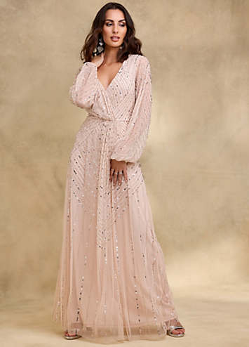 beaded faux wrap dress with dolman sleeves in rose gold Cloud gold necklace – Ellen Debie Ceramics main image 1