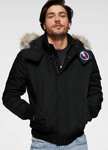 tommy jeans technical quilted bomber jacket faux fur trim hood in black