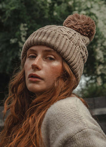 Xander Kostroma Mocha Pom Pom Faux Fur Cable Knit Beanie Hat