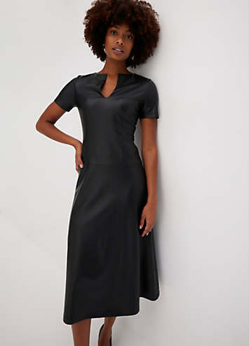 short sleeve faux leather dress Black Faux Leather Scallop Detail Short Ruffle Sleeve Dress main image 0