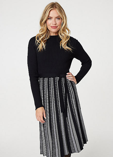 Izabel London Black Printed Tie Waist Pleated Midi Jumper Dress - Freemans Midi Dress New In 1st November 2024