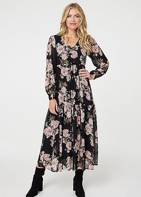 Izabel London Multi Black Floral Semi Sheer Empire Waist Midi Dress - Freemans Midi Dress New In 1st November 2024