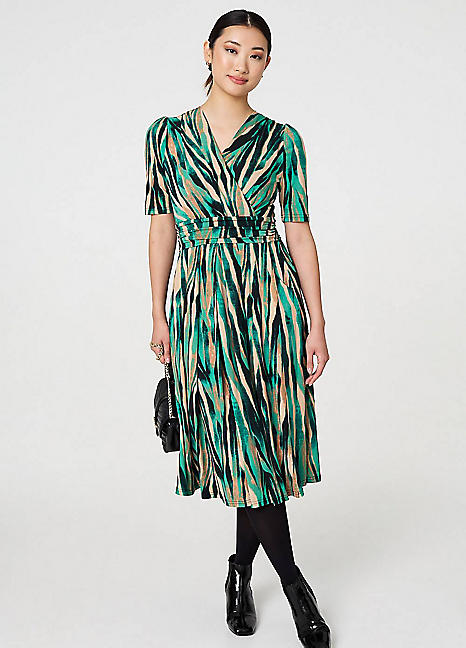 Izabel London Multi Green Printed Short Sleeve Wrap Waist Midi Dress - Freemans Midi Dress New In 1st November 2024