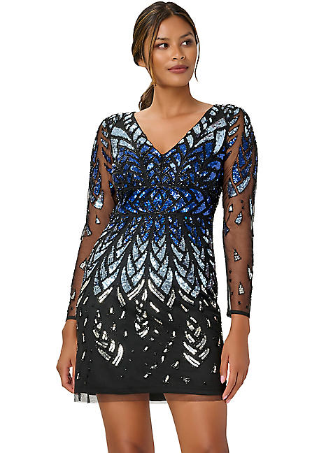 Adrianna Papell Beaded Long Sleeve Dress Freemans