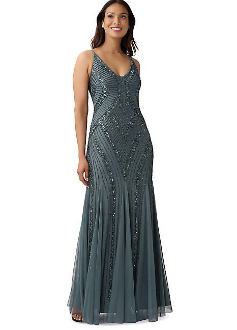 Adrianna Papell Beaded Tank Gown With Godets Freemans