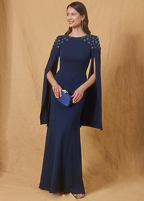 Adrianna Papell Crepe Beaded Cape Sleeve Gown Freemans