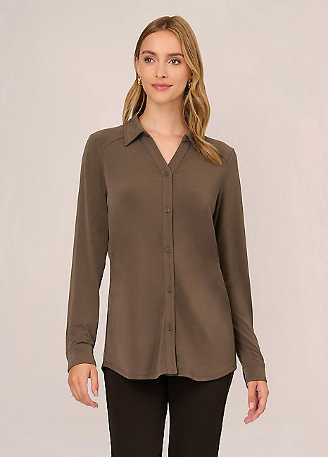 Adrianna Papell Knit Button Front V Neck Shirt