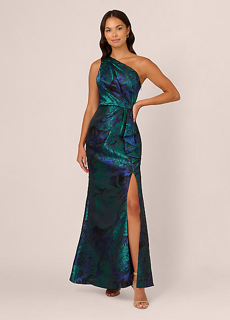 ADRIANNA PAPELL フローラルワンピース Adrianna Papell Floral Metallic Satin One Shoulder