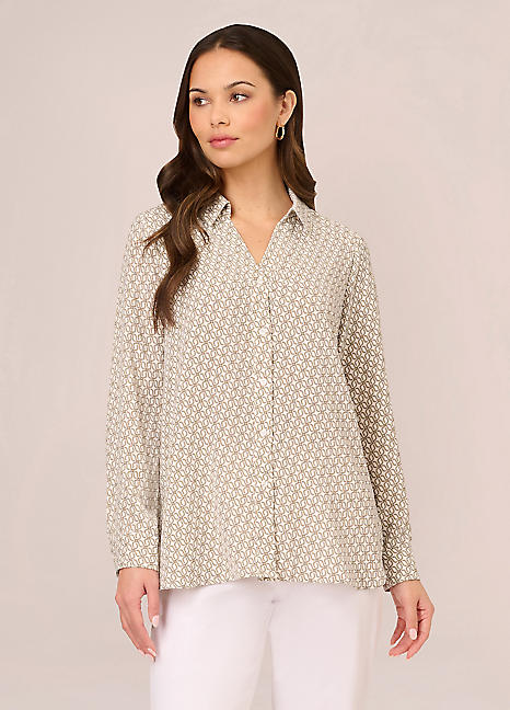 Adrianna Papell Printed Texture Airflow Woven Long Sleeve V Collar