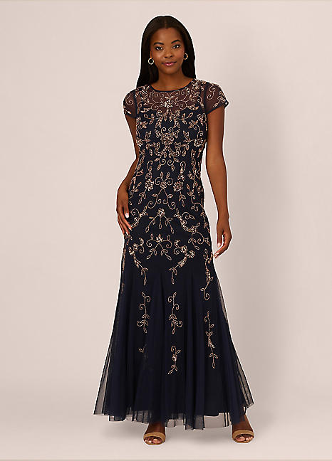 【海外限定】AdriannaPapell ドレス☆Beaded Godet Maxi Dress, Adrianna Papell Studio Bead Mesh Godet Long Dress | Freemans